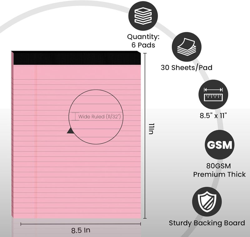 Ciphyfee 6pcs Legal Pads 8.5 x 11,Notepads 8.5 x 11 Inch, 30 Sheets/Pack, Pink Note Pads Clear Print Writing Pads of Paper, Perforate Wide Ruled Lined with Sturdy Back for Office, Business & School Supplies - Image 2